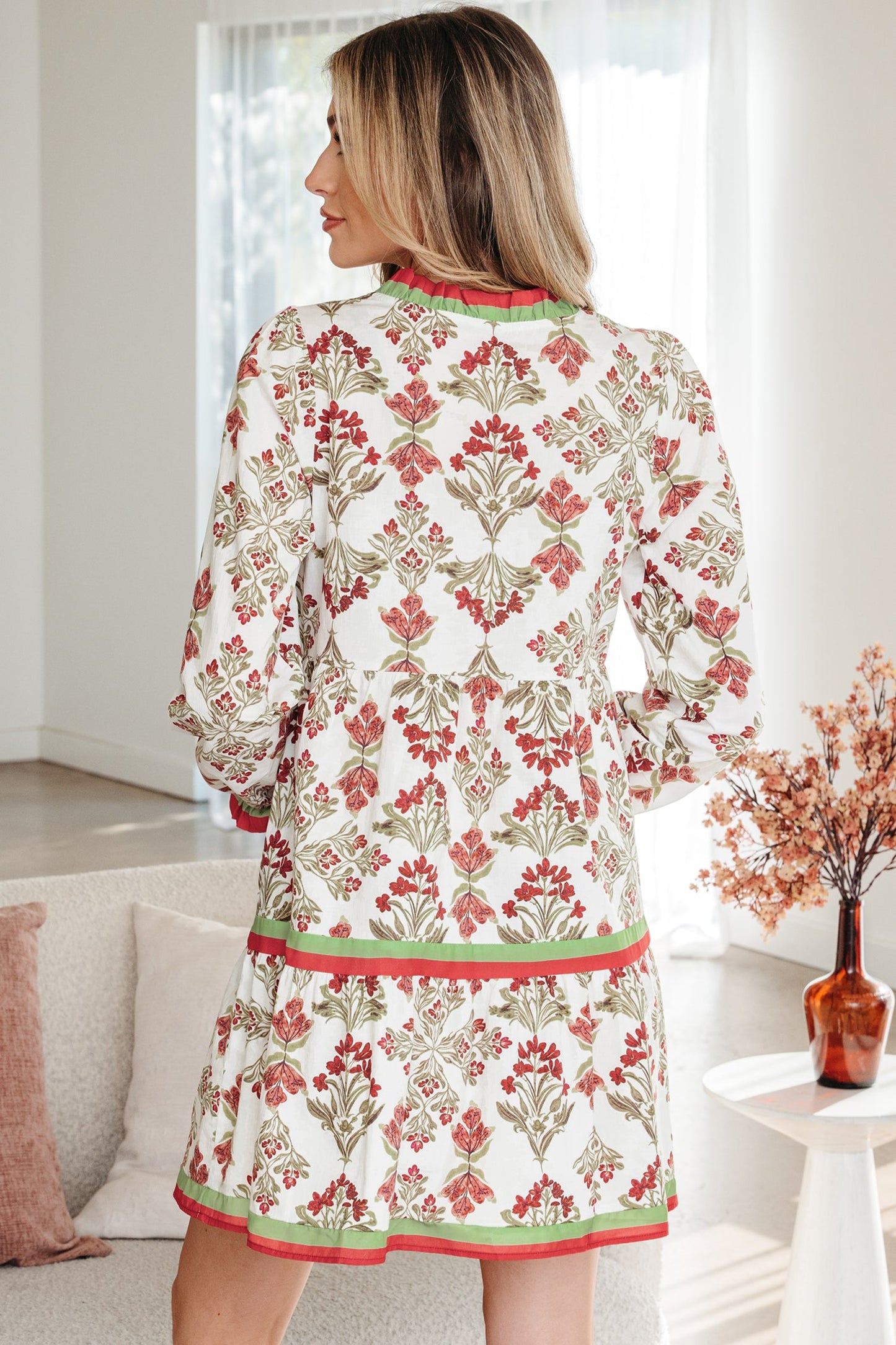 Threaded Pear Jade Long Sleeve Flared Dress