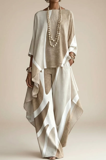 Women's Abstract Geometric Color-Block Asymmetric Draped Tunic & Wide-Leg Palazzo Pants Set