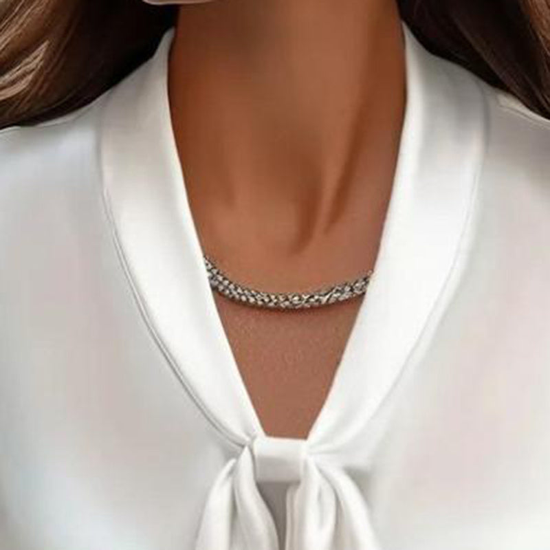 Elegant Satin Ribbon Blouse — Long Sleeve Button-Down Work Shirt