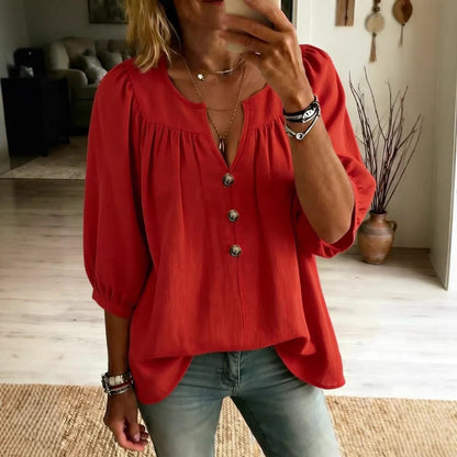Women's Linen Three-Quarter Sleeve Buttoned T-Shirt – Loose Fit, Casual Chic