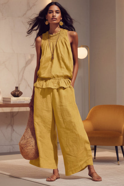 Women's Smocked Neckline Ruffle Hem Linen Tank & Wide-Leg Cropped Pants Set