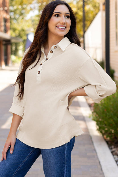 Arianna Waffle  Half Button Top. - Threaded Pear