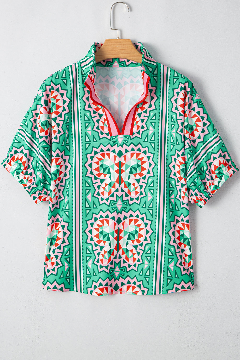 Threaded Pear Kamiyah Boho Abstract Striped Collared V Neck Blouse