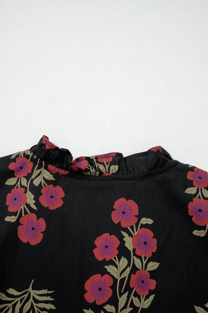 Kali Floral Short Bubble Sleeve Tiered Maxi Dress - Black