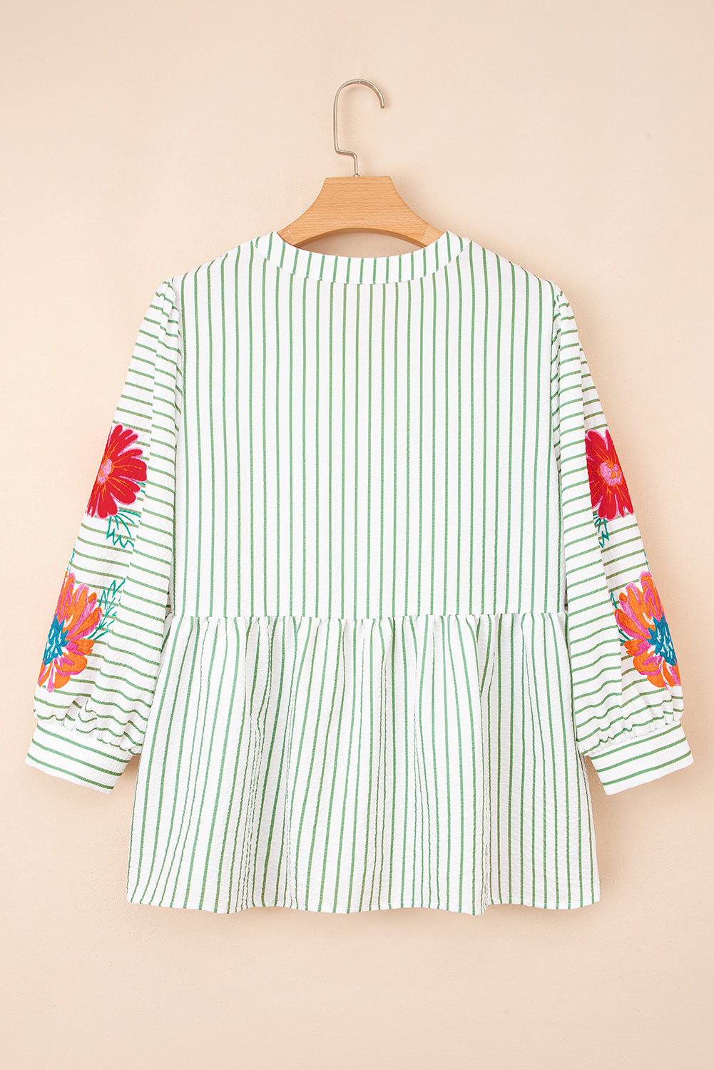 Threaded Pear Ashley Stripe Flower Puff Sleeve V Neck Babydoll Blouse