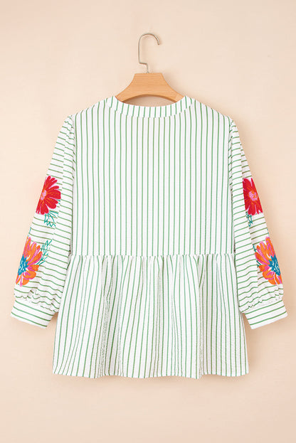 Threaded Pear Ashley Stripe Flower Puff Sleeve V Neck Babydoll Blouse