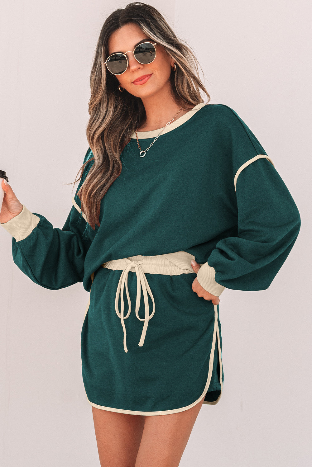 Violeta Loose Pullover and Lace-up Waist Skort Set - Threaded Pear