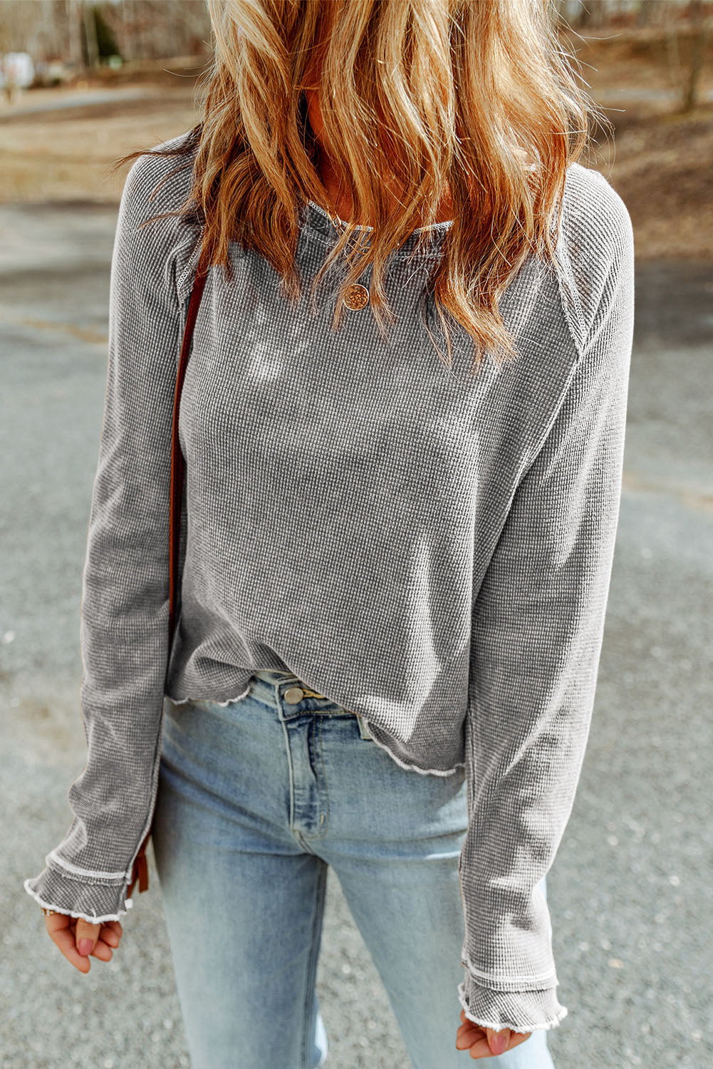 Threaded Pear Daisy Textured Round Neck Long Sleeve Top
