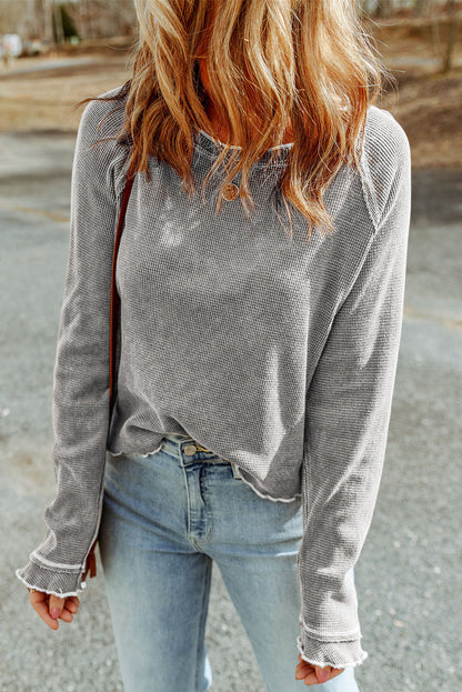 Threaded Pear Daisy Textured Round Neck Long Sleeve Top