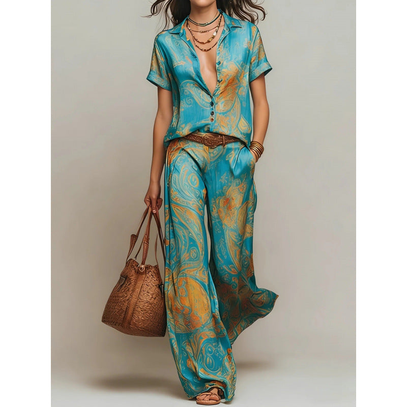 Women's Marble Swirl Print Satin-Look Short Sleeve Shirt & Wide-Leg Pants Resort Set