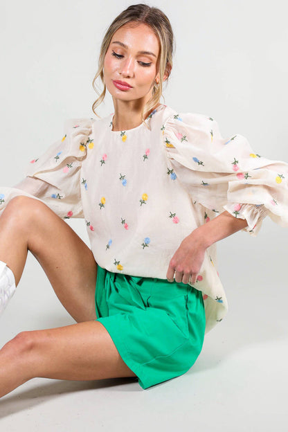Madison - Floral Embroidered Long Puff Organza Blouse Top