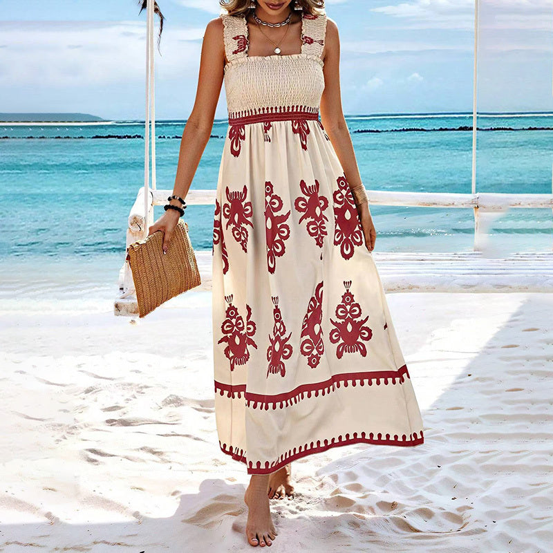 Women's Wide-Strap Printed Maxi Dress – Smocked Bodice & Tassel Waist