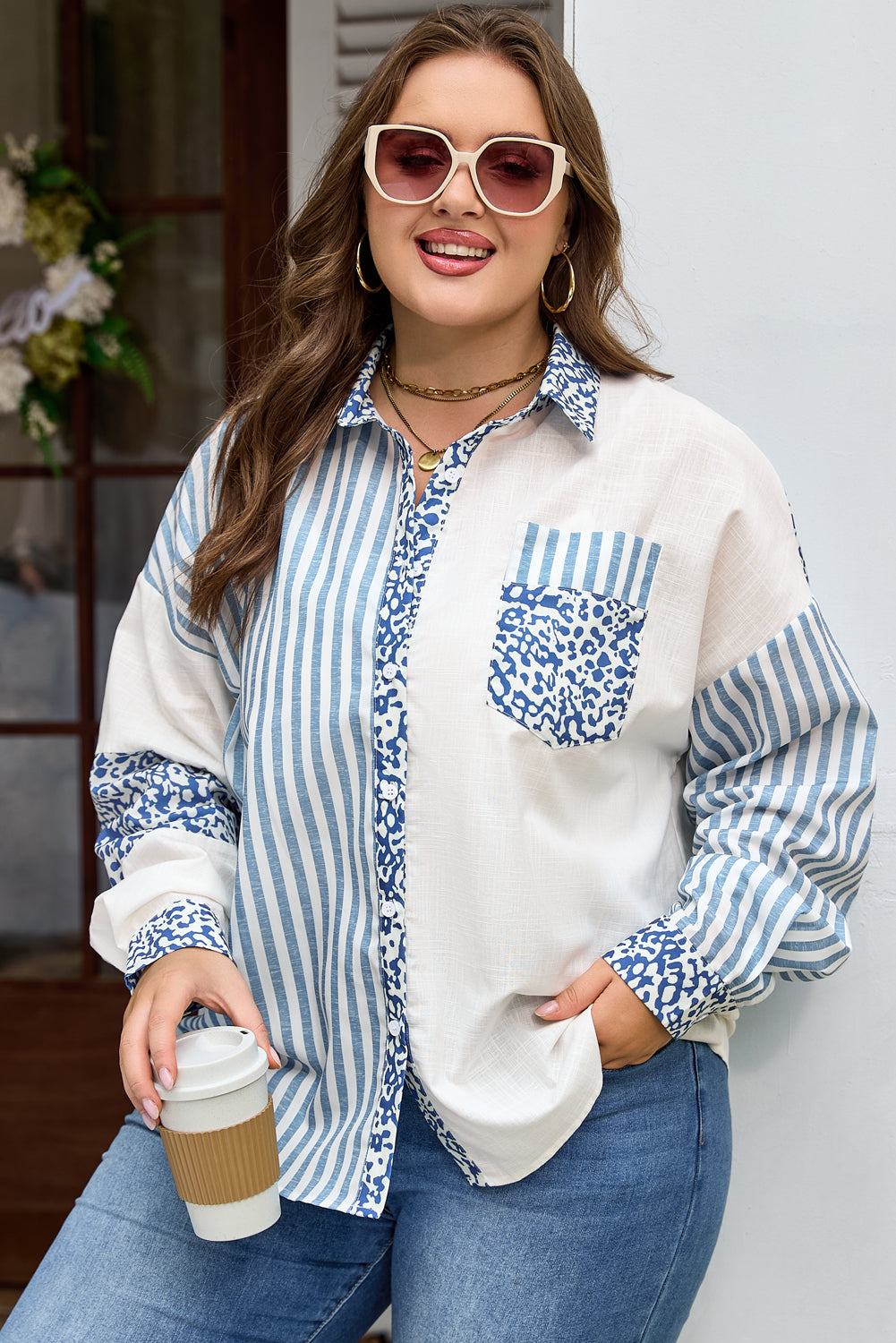 Threaded Pear Livia Striped Patchwork Casual PLUS Shirt