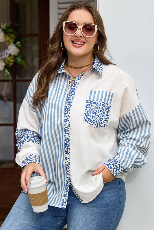 Threaded Pear Livia Striped Patchwork Casual PLUS Shirt