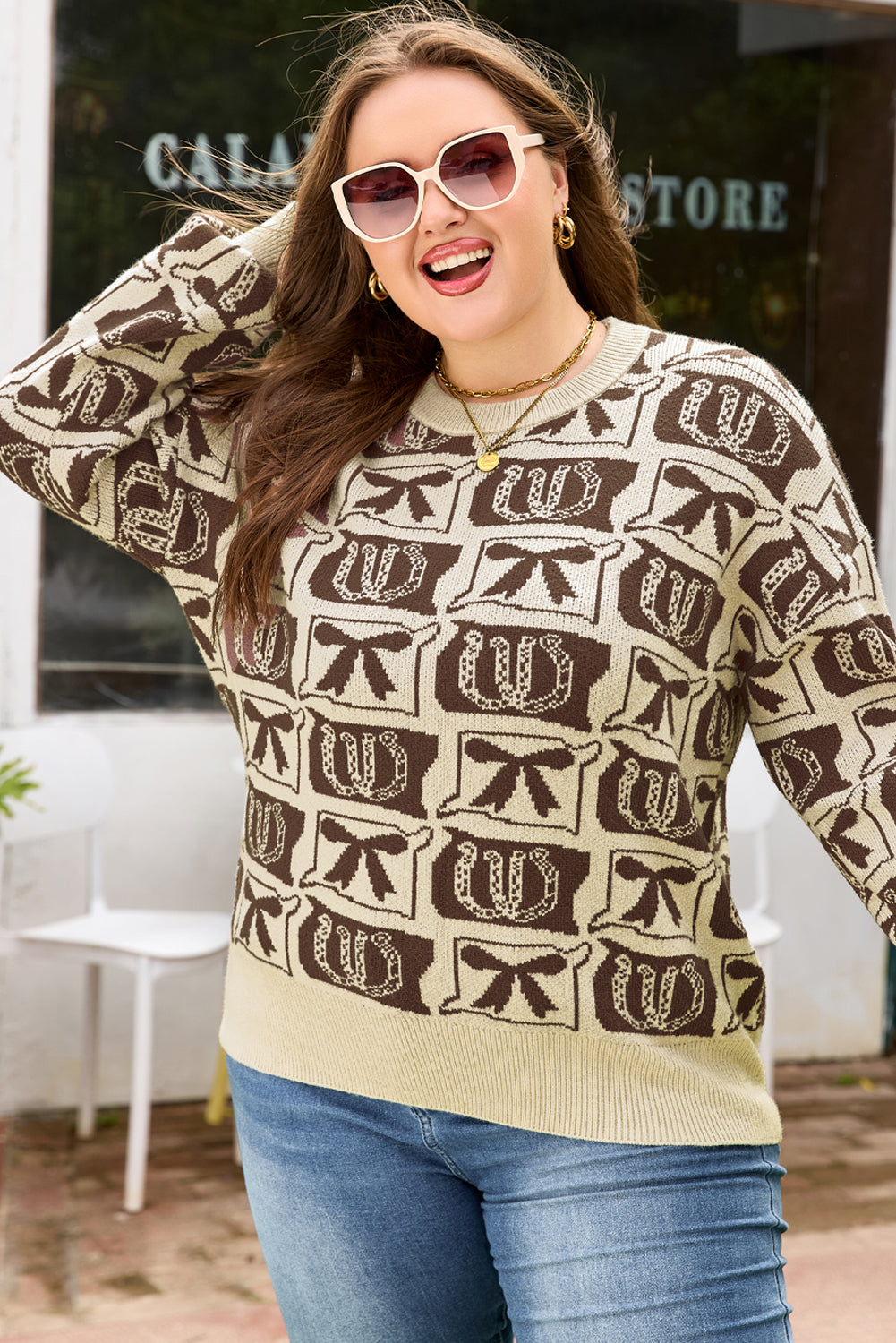Threaded Pear Magnolia Horseshoe Print Checkered PLUS Sweater