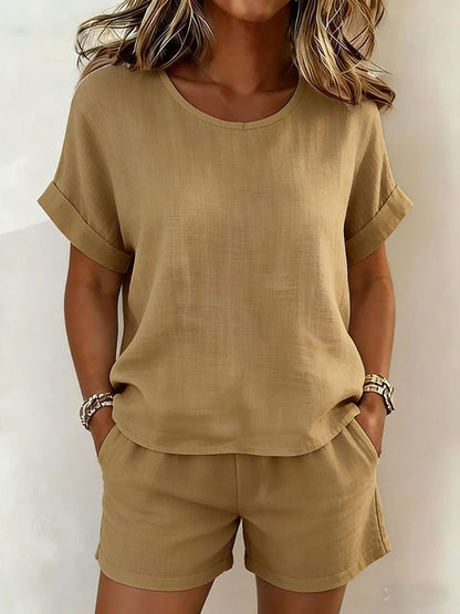 Women's Relaxed Cotton-Linen Cuffed Sleeve Top & Shorts Two-Piece Set