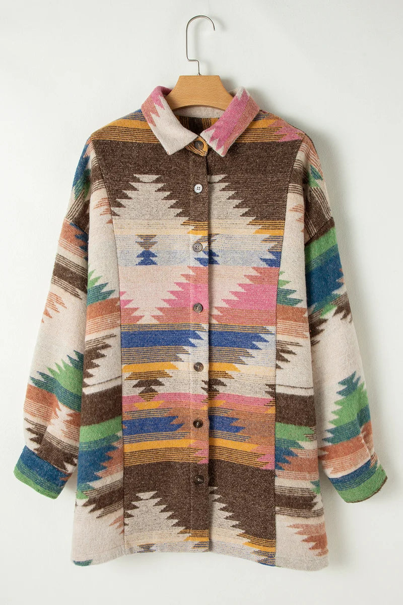 Threaded Pear Laney Aztec Print Up Shacket