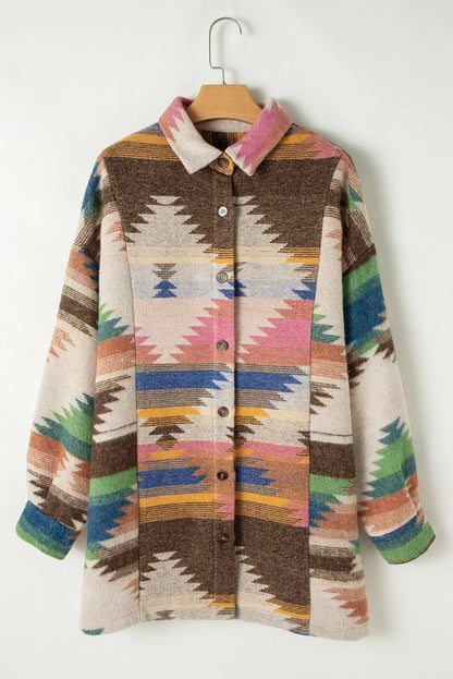 Threaded Pear Laney Aztec Print Up Shacket