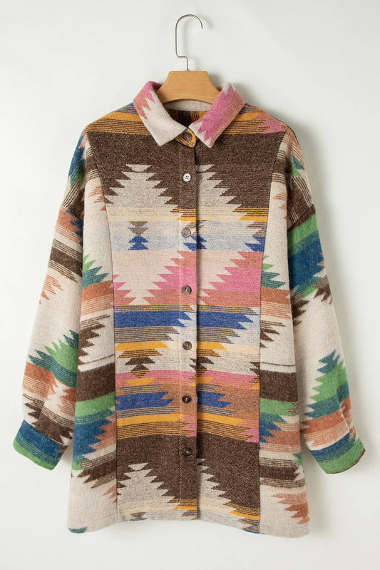 Threaded Pear Laney Aztec Print Up Shacket