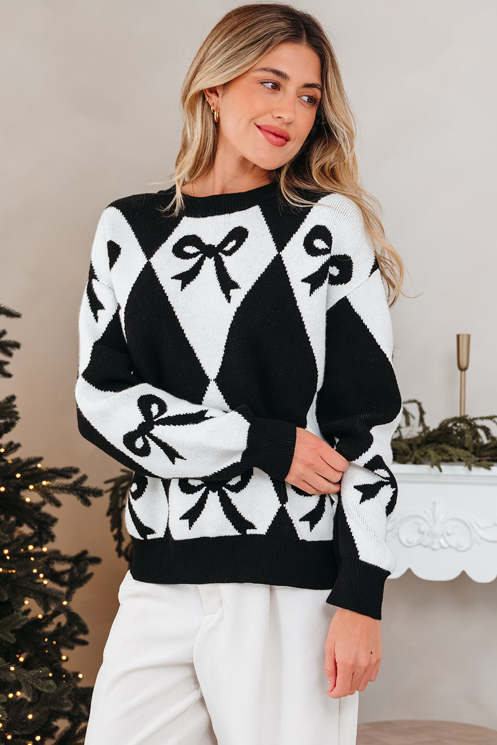 Threaded Pear Daetta Rhombus Knit Loose Sweater