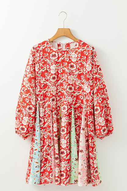 Red Colorful Floral Patchwork Long Sleeve Pleated Mini Dress