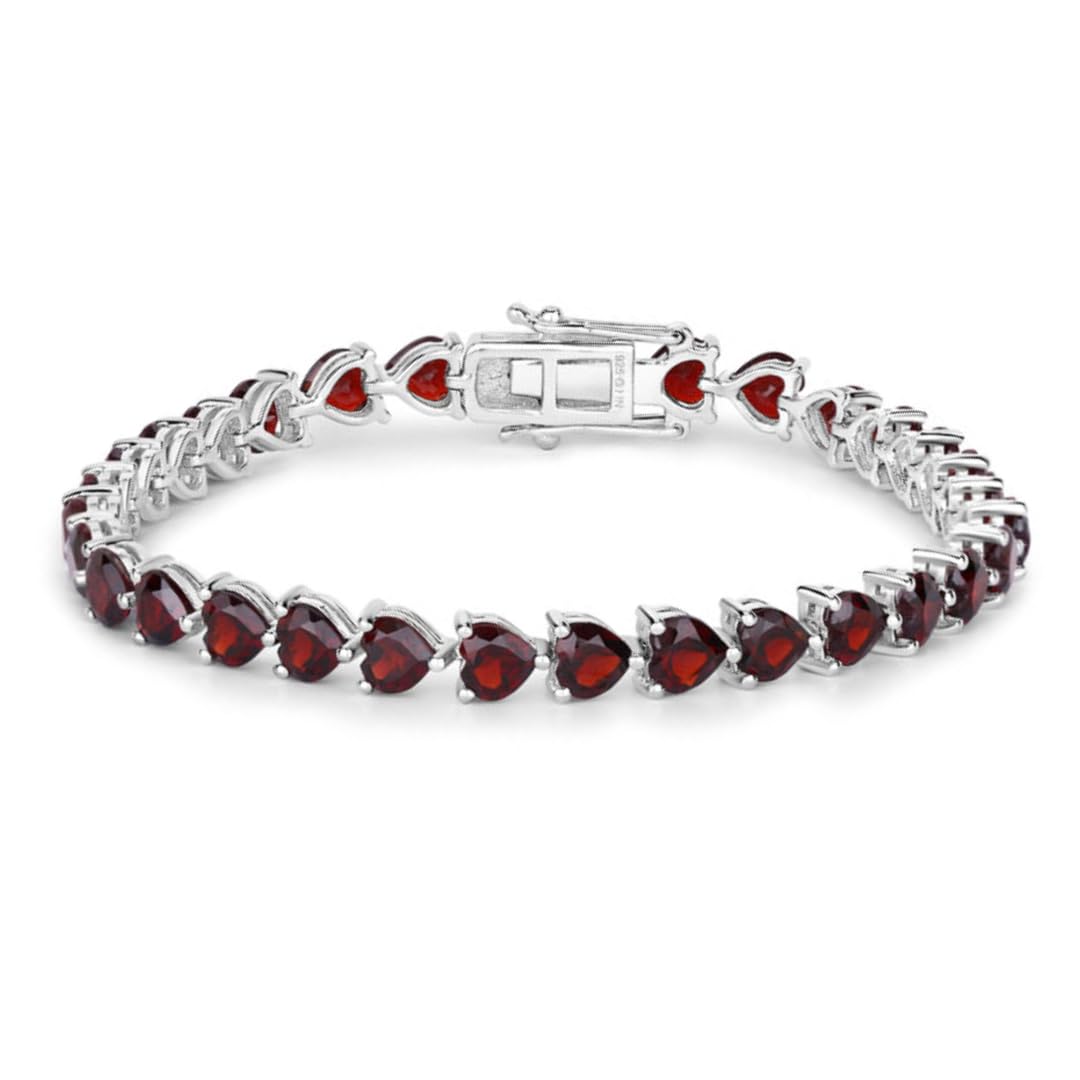 15.50 Ct Heart Red Garnet Prong Sterling Silver Box Clasp Tennis Bracelet