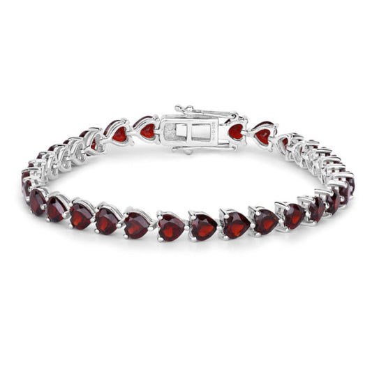 15.50 Ct Heart Red Garnet Prong Sterling Silver Box Clasp Tennis Bracelet
