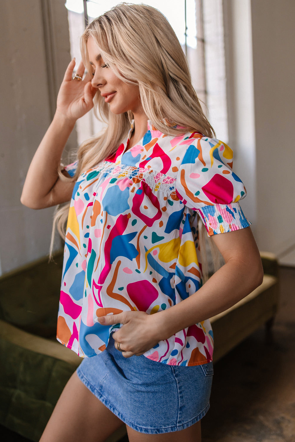 Threaded Pear Harper Shirred Short Sleeve Blouse