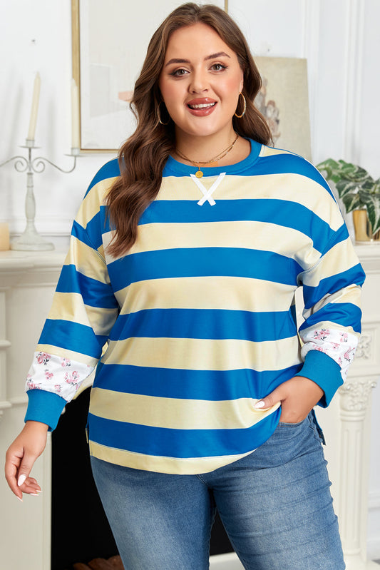 Threaded Pear Blue Stripe Floral Color Block Drop Shoulder Plus Size Pullover Top