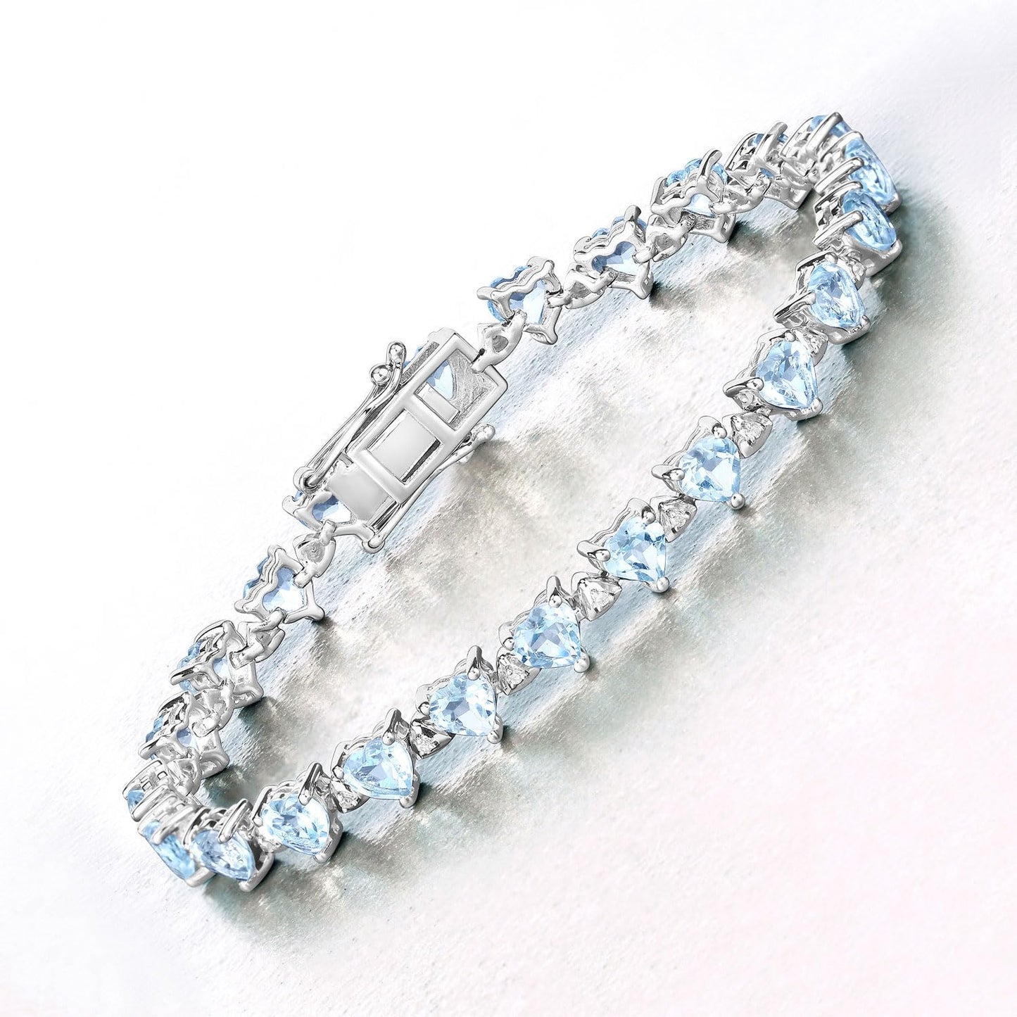 Heart Blue Topaz & Diamond Prong Silver Tennis Bracelet