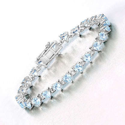 Heart Blue Topaz & Diamond Prong Silver Tennis Bracelet