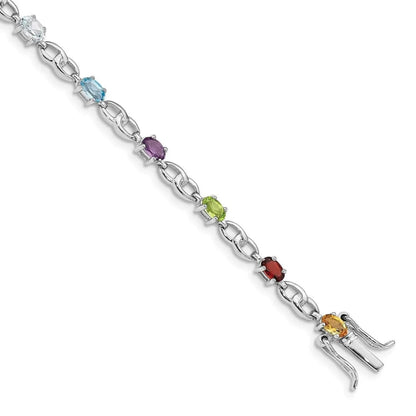 Genuine Multiple Gemstone Silver Link Bracelet