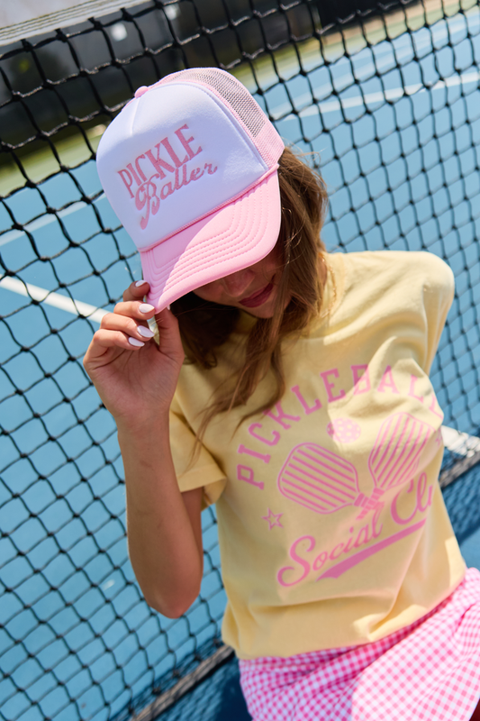 Pickleballer White/Pink Embroidered Trucker Hat