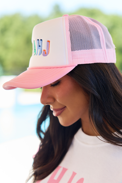 Mahj Multi White/Pink Embroidered Trucker Hat