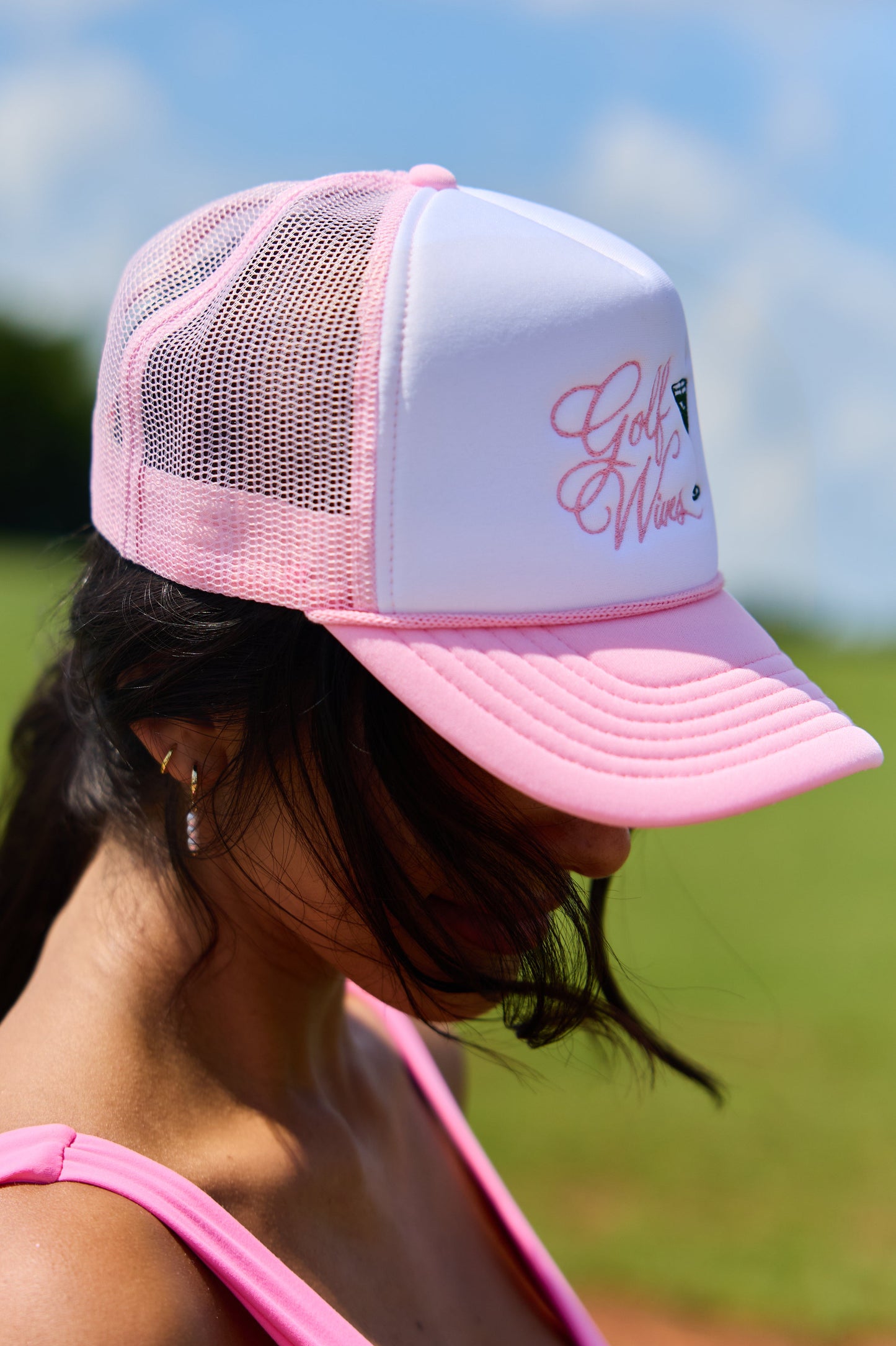 Golf Wives White/Pink Embroidered Trucker Hat