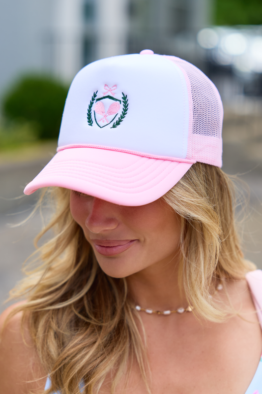 Tennis Racquet White/Pink Embroidered Trucker Hat