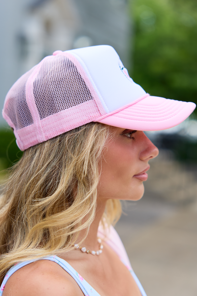 Tennis Racquet White/Pink Embroidered Trucker Hat