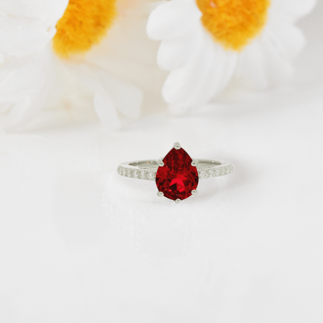 Pear Red Lab Grown Ruby Prong Silver Teardrop Solitaire Ring