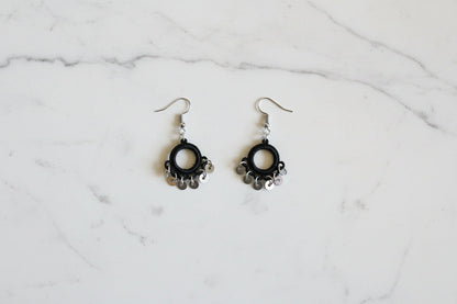 Handmade Black Crochet Hoop Dangle Earrings for Women