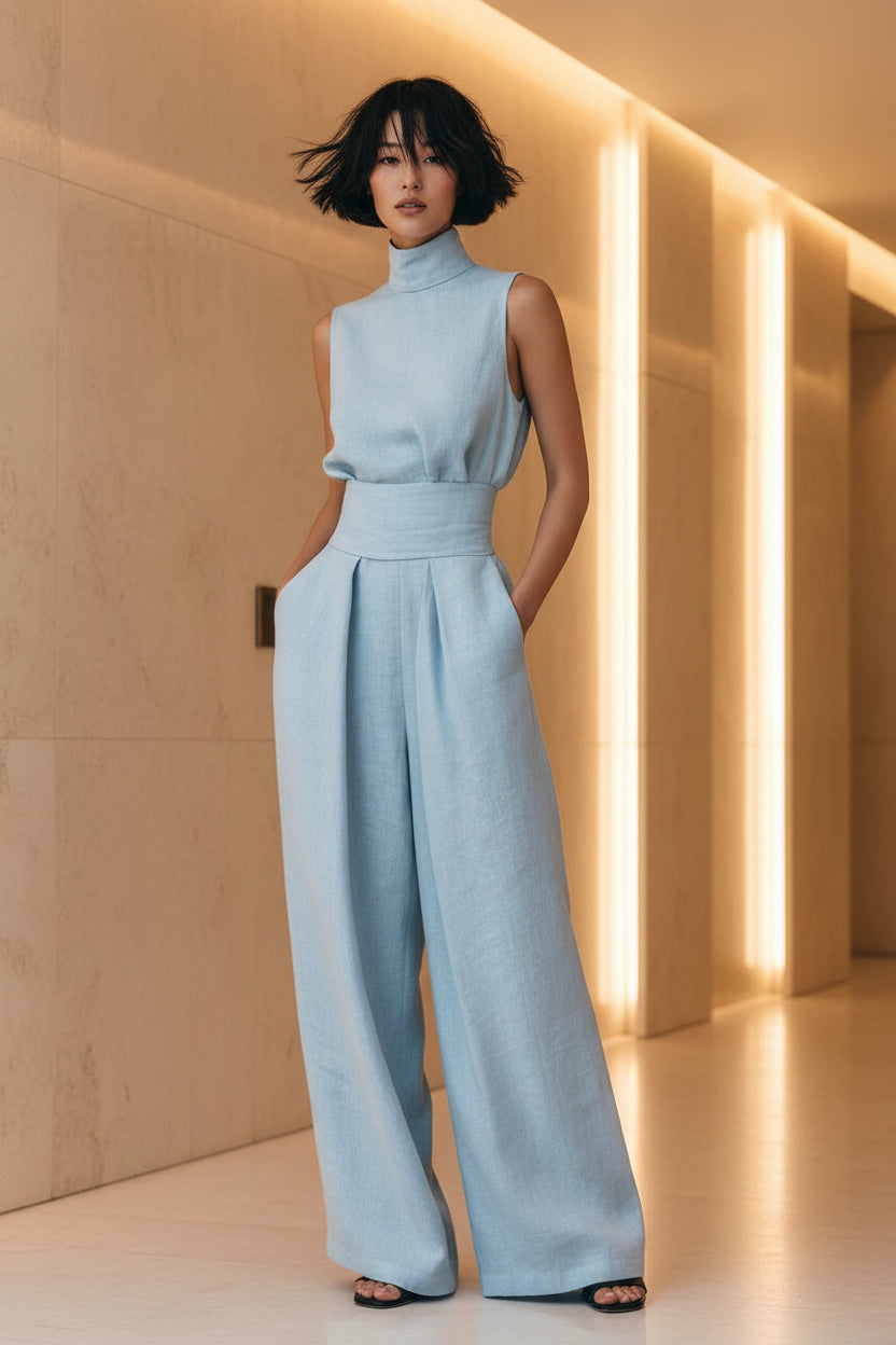 Women's Linen-Blend High-Neck Sleeveless Top & Wide-Leg Pants Set