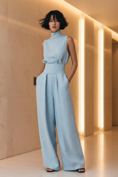 Women's Linen-Blend High-Neck Sleeveless Top & Wide-Leg Pants Set