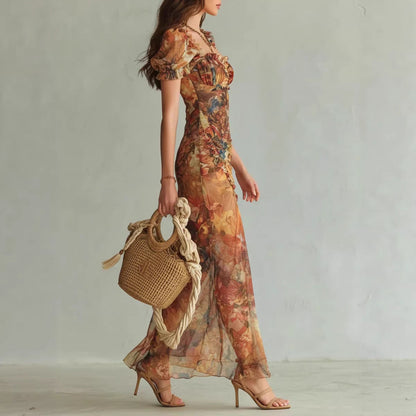 V-Neck Waist-Cinched Ruffle Hem Maxi Dress – Bodycon Long Dress in Orange