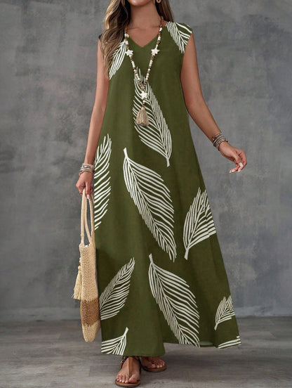 Printed V-Neck Sleeveless High-Waist Maxi Dress | 3 Colors