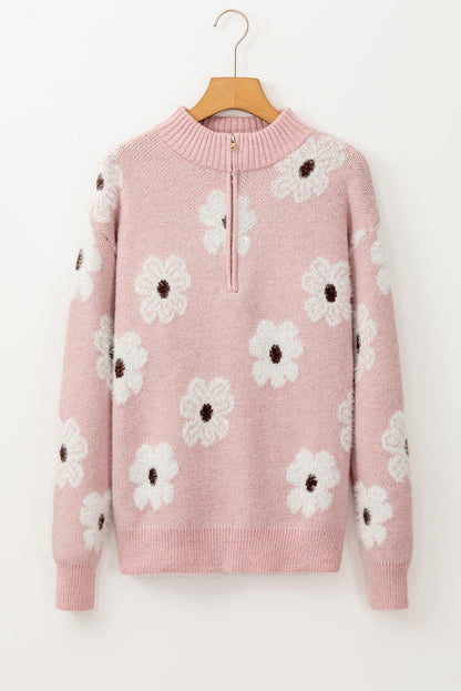 Threaded Pear Maria Floral Half Zip Drop Shoulder Sweater