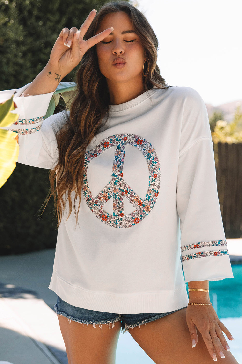 Peace Drop Shoulder Wide Sleeve Casual Top - Threaded Pear