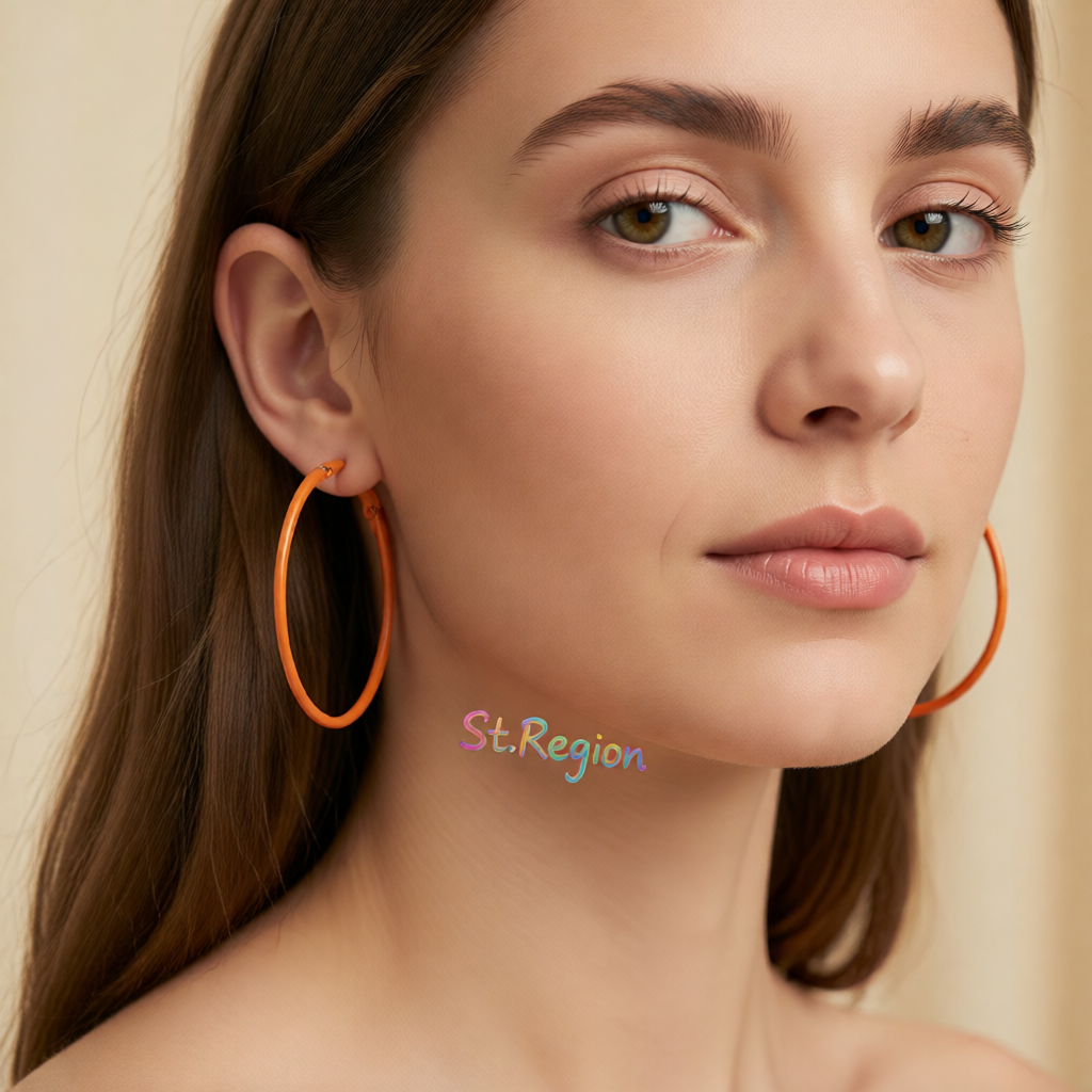 Orange Enamel & Silvertone Hoop Earrings