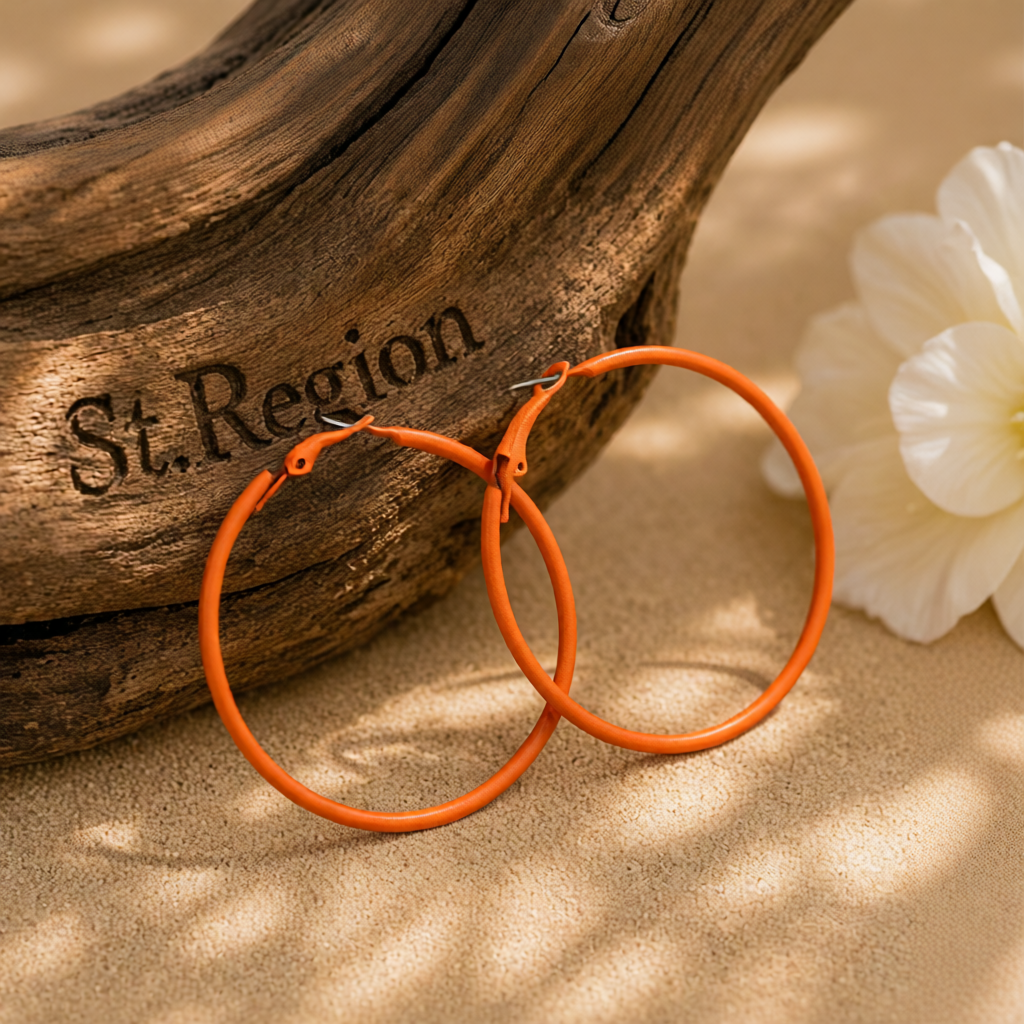 Orange Enamel & Silvertone Hoop Earrings