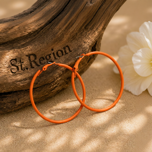 Orange Enamel & Silvertone Hoop Earrings