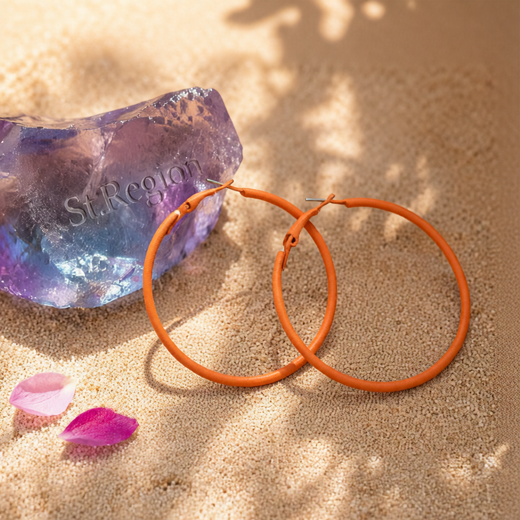 Orange Enamel & Silvertone Hoop Earrings