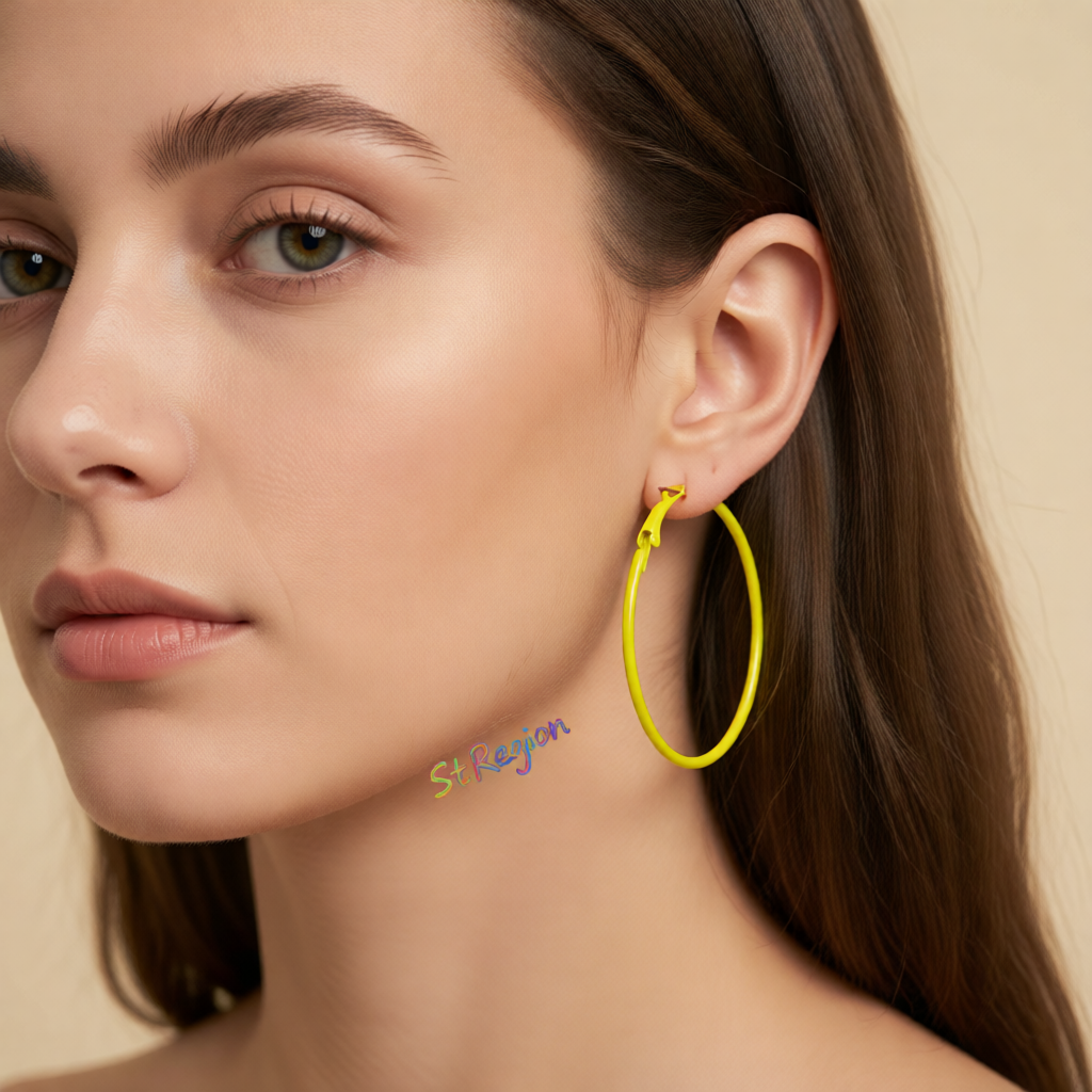 Yellow Enamel & Silvertone Hoop Earrings